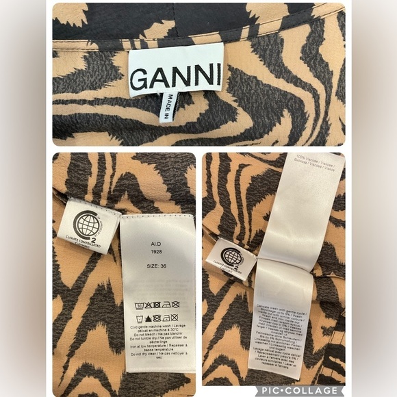 Ganni Animal Print Wrap Dress Belted Short Sleeve Black and Tan  Size 36 US 4 - Picture 16 of 16